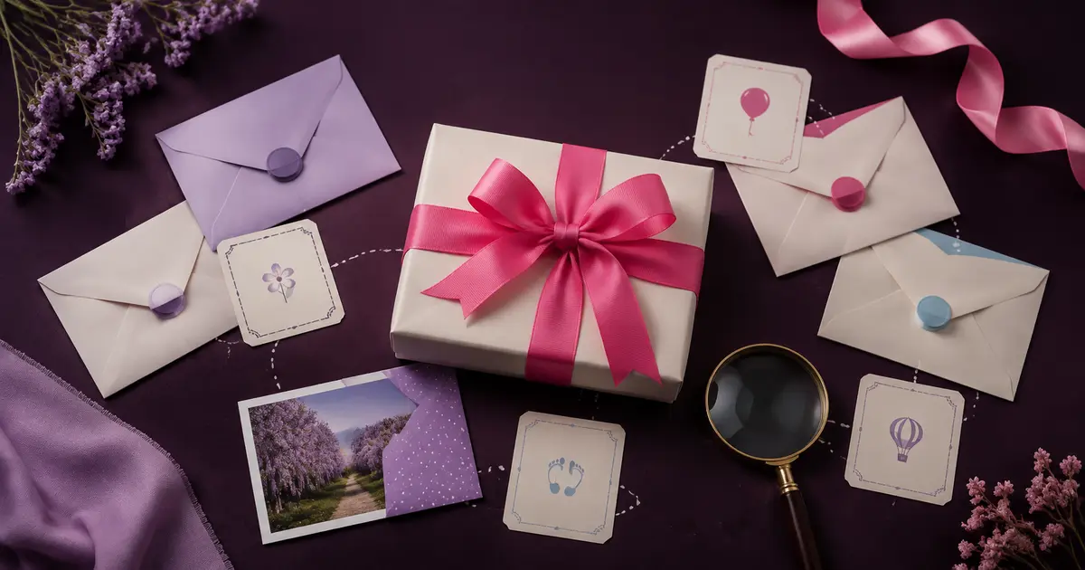 Sobre, fotografía y pistas preparadas para entregar un regalo de forma original